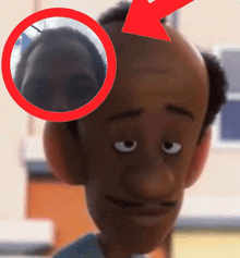 a close up of a cartoon character with a red arrow pointing to the head