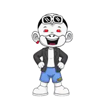 a cartoon character is wearing a jacket and shorts with the word zhou on the side