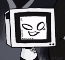a black and white drawing of a television with a smiling face on it