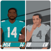 two miami dolphins football players mia 14 and lv standing next to each other