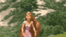 a cartoon girl in a purple dress is standing next to a bear in a forest .