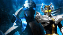 a robot with a blue helmet and a yellow face