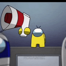 a yellow among us character is holding a megaphone while standing next to another character .
