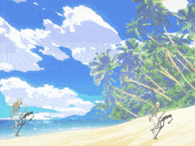 two skeletons are walking on a beach with palm trees in the background