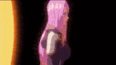 a woman with long pink hair is standing in a dark room