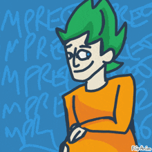 a drawing of a man with green hair and another man with orange arms