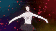 a woman with her arms outstretched is surrounded by petals and the words the doctor 's office