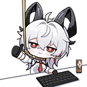 a cartoon character with horns is sitting at a desk with a keyboard and holding a stick .
