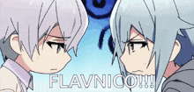 two anime characters are looking at each other with the words flavnico written in the corner