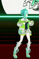 a girl with green hair is dancing in front of a sign that says ' s7 ' on it