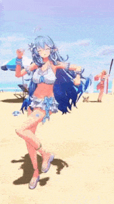 a girl is standing on a beach wearing a bikini .