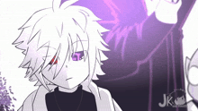 a drawing of a boy with purple eyes and the word jk on the bottom right