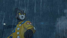 a cartoon character with a yellow jacket and a blue cape