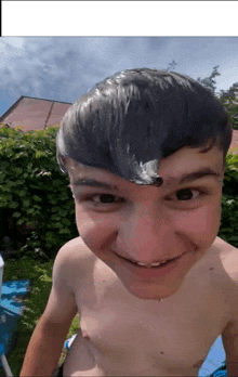 a young man without a shirt is smiling and looking at the camera with his hair covered in water