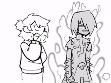 a black and white drawing of a girl standing next to a monster