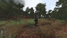 a screenshot of a video game shows a woman walking through a forest with the number 83 in the upper right corner