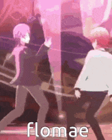 a couple of anime characters are dancing in front of a pink background with the words flomae written on it .