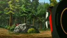 a cartoon scene with a rock in the middle of the woods