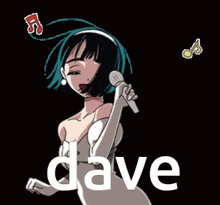 a girl in a white dress is singing into a microphone and the word dave is on the bottom of the image