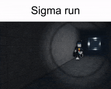 a man in a hat is sitting in a dark room with the words sigma run below him