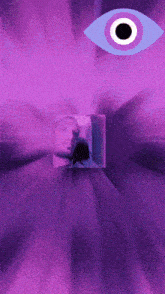 a purple background with a blue eye and a picture of a man on it