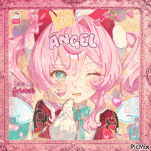 a picture of a girl with pink hair and the word angel on her head