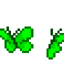 a pixel art of two green gloves with a bow on a white background .