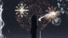 a woman is standing in front of a fireworks display in the night sky .