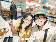 a cartoon of a boy and a girl taking a selfie with ai mirror written below them