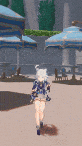 a girl in a blue and white outfit is standing in front of a sign that says shiroani