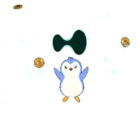 a cartoon penguin is surrounded by coins and a green circle