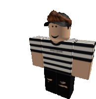 a roblox character wearing a black and white striped shirt and a black hat