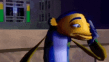 a cartoon character is standing in front of a building and covering his face .