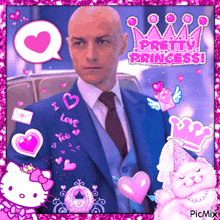 a man in a suit and tie is surrounded by pink hearts and a princess sign