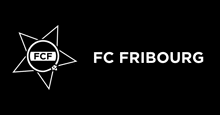 the logo for fc fribourg is a white star with a circle in the middle on a black background .