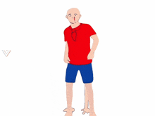 a man in a red shirt and blue shorts is standing on a pole