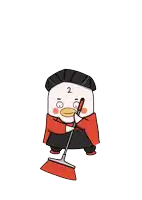 a cartoon duck with the number 2 on its head is holding a broom
