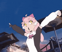 a drawing of a girl with pink hair and a bow