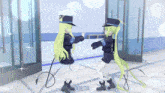 a couple of anime characters standing next to each other with one wearing a badge that says ' a ' on it