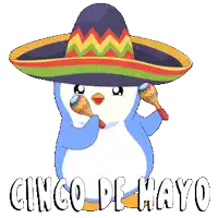 a penguin wearing a sombrero and holding maracas with the words cinco de mayo below it