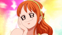 a woman with the letter b on her face