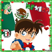 a picture of a boy pointing at the camera with a mexican flag in the background
