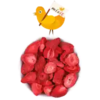 a bowl of sliced strawberries with a yellow bird holding a mixit flag above it