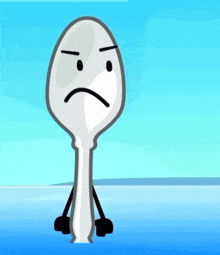a cartoon of a spoon with an angry face standing next to a purple object .