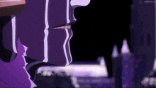 a close up of a person 's face with a purple and white striped shirt on