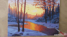 a painting of a snowy forest with the words made in animotica on the bottom