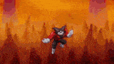 a cartoon character in a red and black outfit is flying through a red and orange background