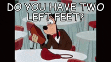 a cartoon of goofy sitting at a table holding a red purse .