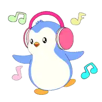 a penguin wearing headphones is surrounded by musical notes
