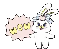 a cartoon rabbit is holding a sign that says wow